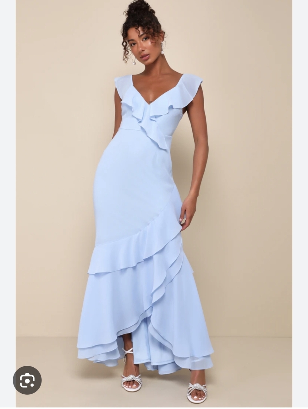 New Lulu's Light Blue Asymmetrical Ruffle V-Neck Maxi Dress Size M